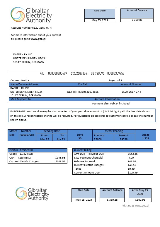 Gibraltar Electricity Authority business utility bill Word and PDF template PSD template